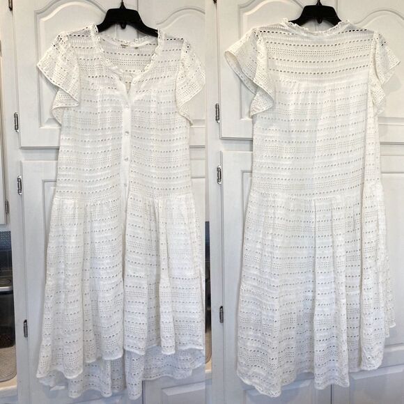 Dylan White Eyelet Cottage Core Flutter Sleeve Dress with Pockets Size Medium - Picture 2 of 12